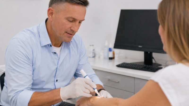 Alt img:”GP using a cryotherapy pen in a standard consulting room. ”
