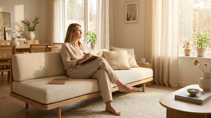 Serene woman reflecting on wellness and daily intimate health habits.